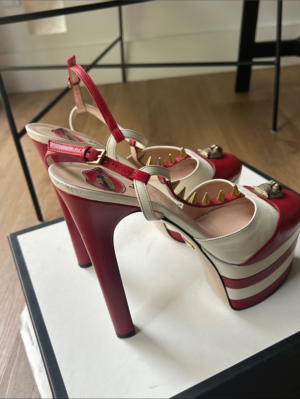Gucci Red and White Stripe Platform Heels with Stud and Emblem Detail - Picture 11 of 13